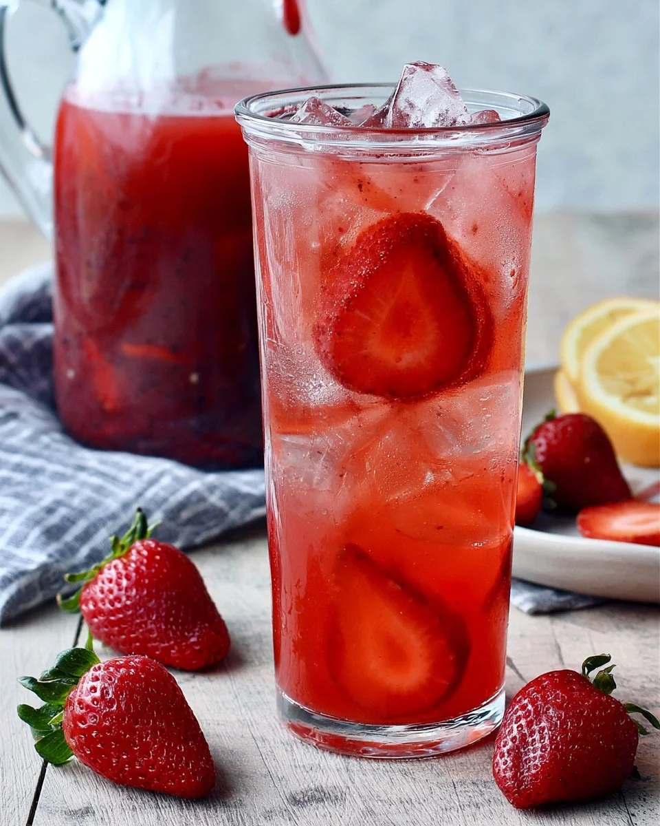 Homemade Starbucks Strawberry Acai Refresher in a glass with fresh strawberries.