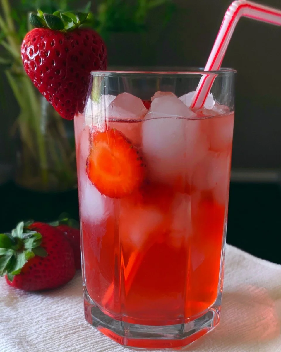 Homemade strawberry acai refresher in a glass with berries and ice