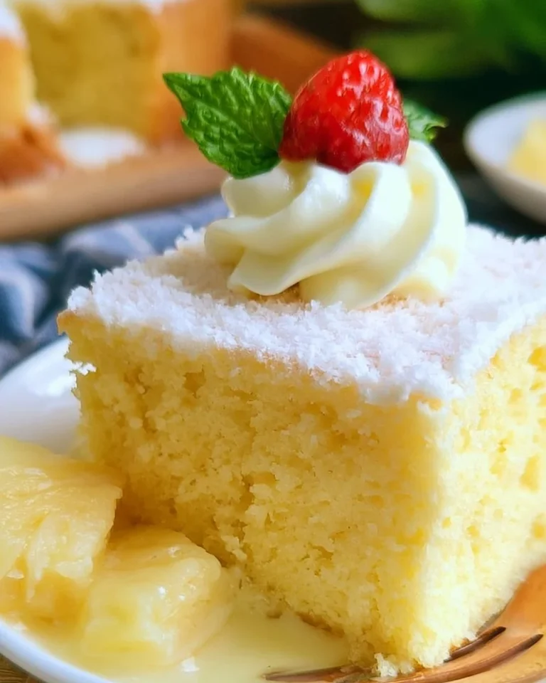 Delicious homemade Tres Leches Cake topped with whipped cream and fruits