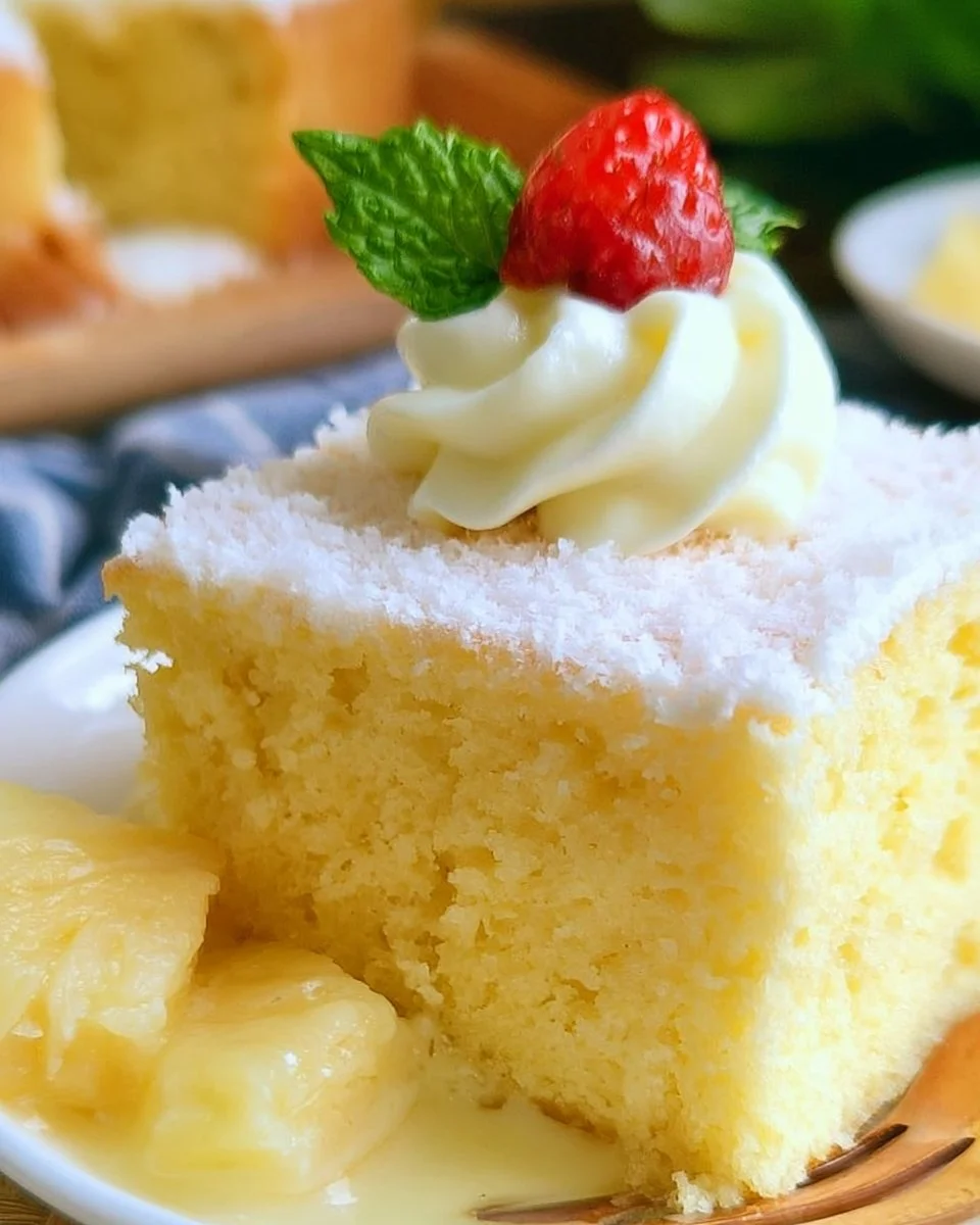 Delicious homemade Tres Leches Cake topped with whipped cream and fruits