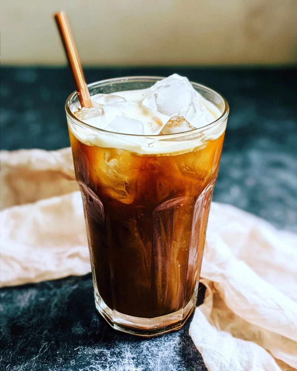 Homemade Vanilla Sweet Cream Cold Brew in a glass with coffee beans