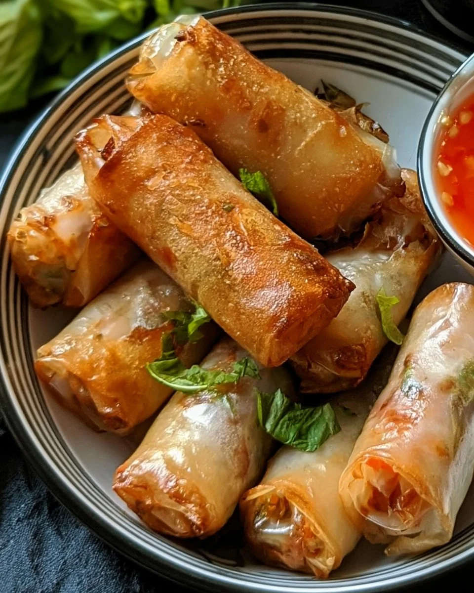 Crispy air fryer rice paper noodle rolls served on a plate.