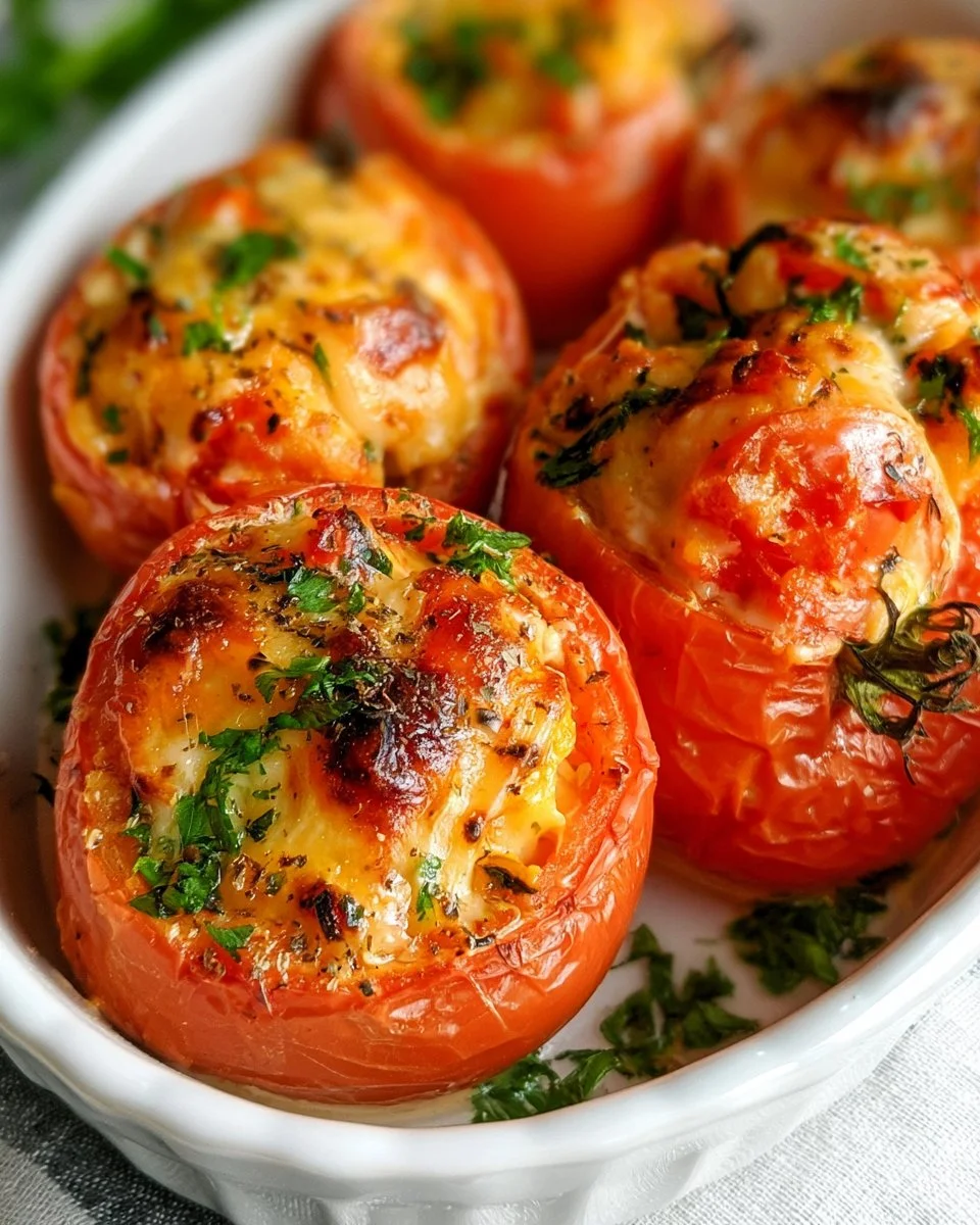 Cheese stuffed tomatoes fresh from the oven, garnished for serving
