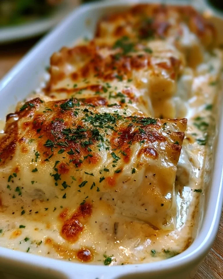 Cheesy Chicken Alfredo Lasagna Rolls served with fresh herbs and cheese