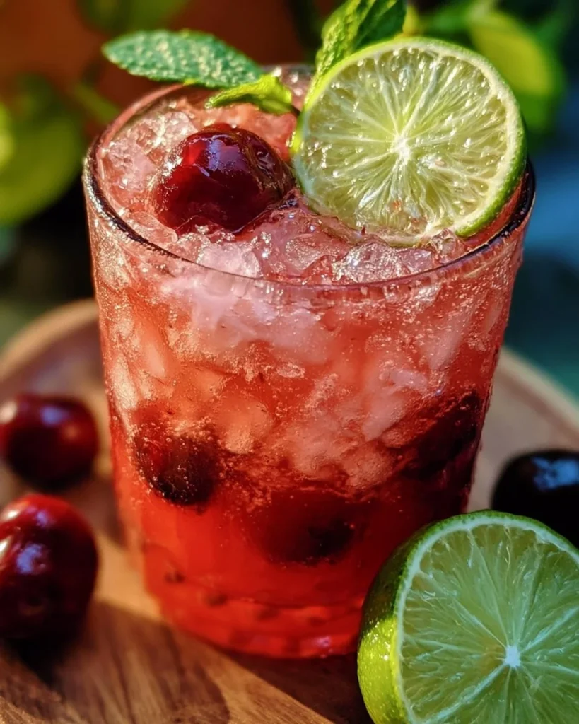 A glass of refreshing homemade cherry limeade with cherries and lime slices