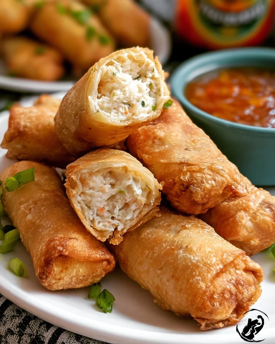 Crab Rangoon Egg Rolls ready to serve with dipping sauce.