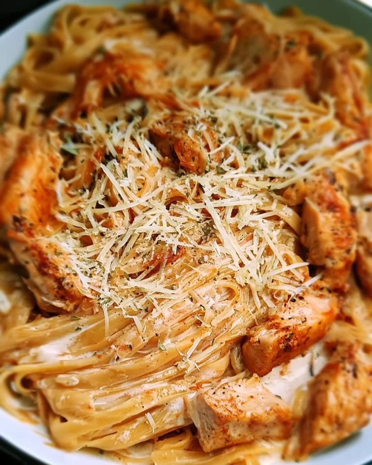 Creamy chicken fettuccine served in a white bowl with parsley garnish