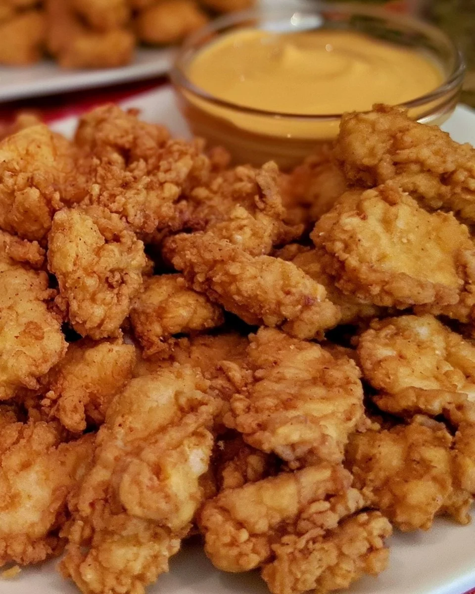 Plate of homemade copycat Chick Fil A nuggets served with dipping sauce.