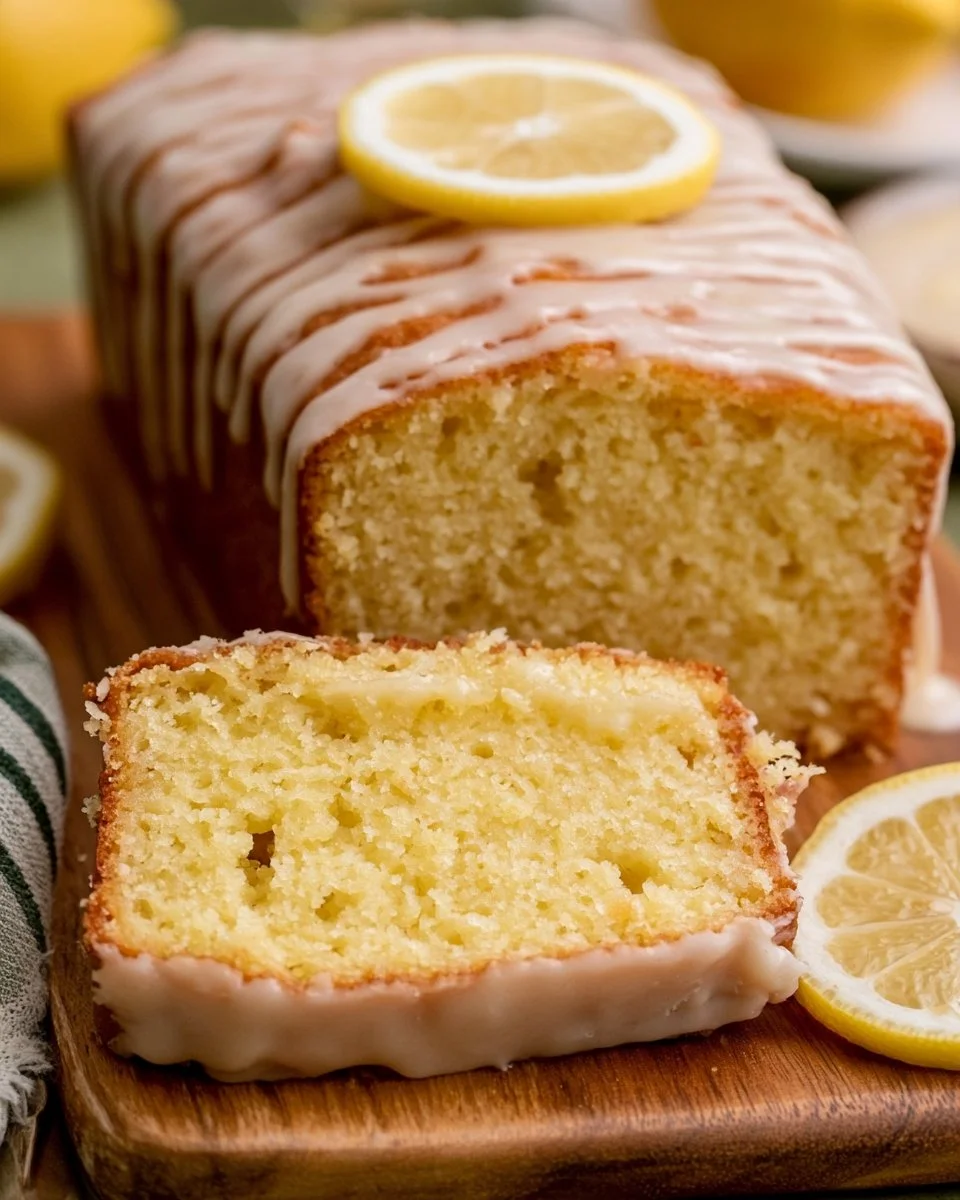 Freshly baked Lemon Loaf on a platter with citrus slices