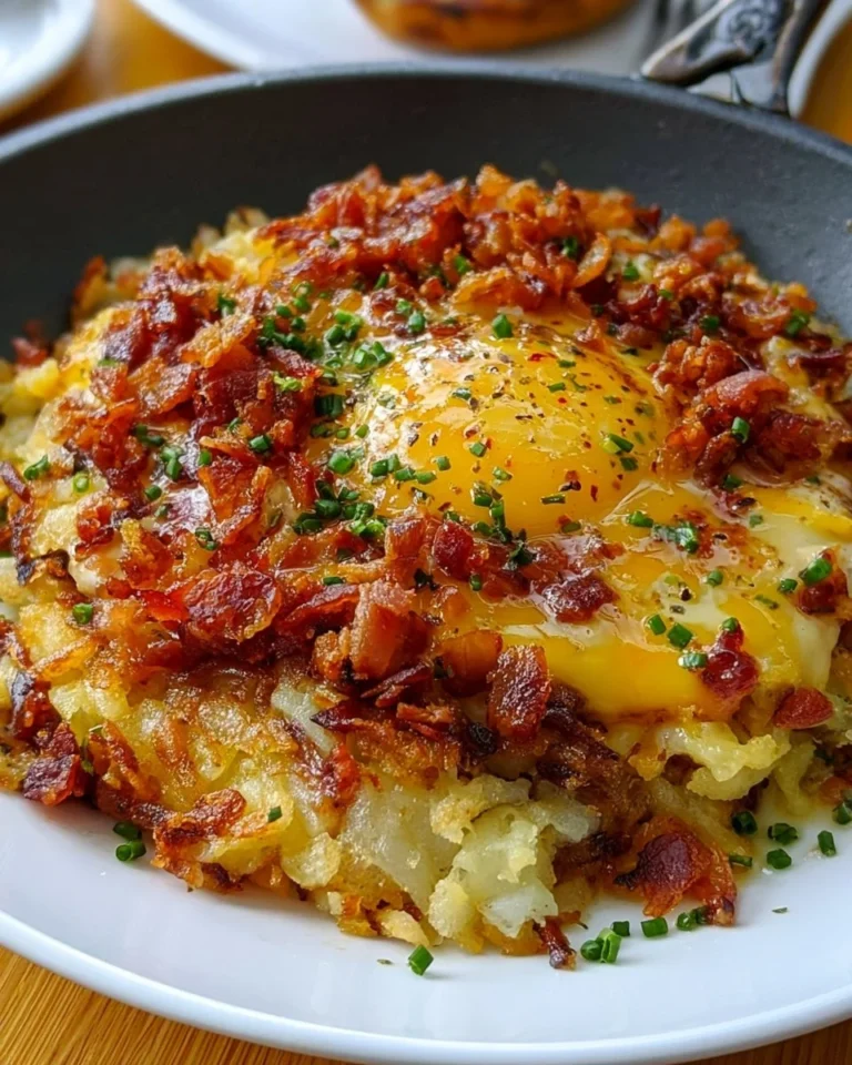 Delicious loaded hash browns breakfast with toppings like cheese and bacon