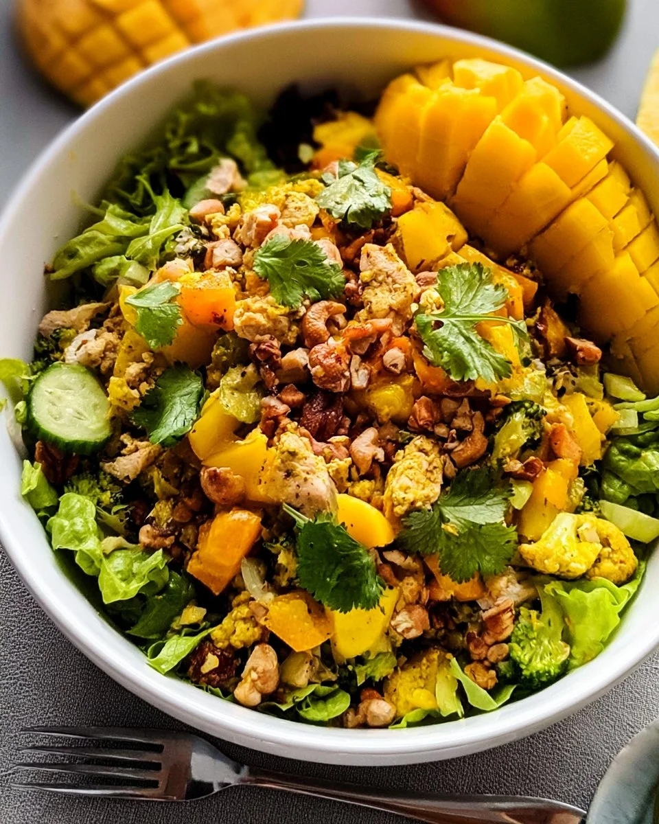 Mango Curry Chicken Salad garnished with fresh herbs in a bowl.