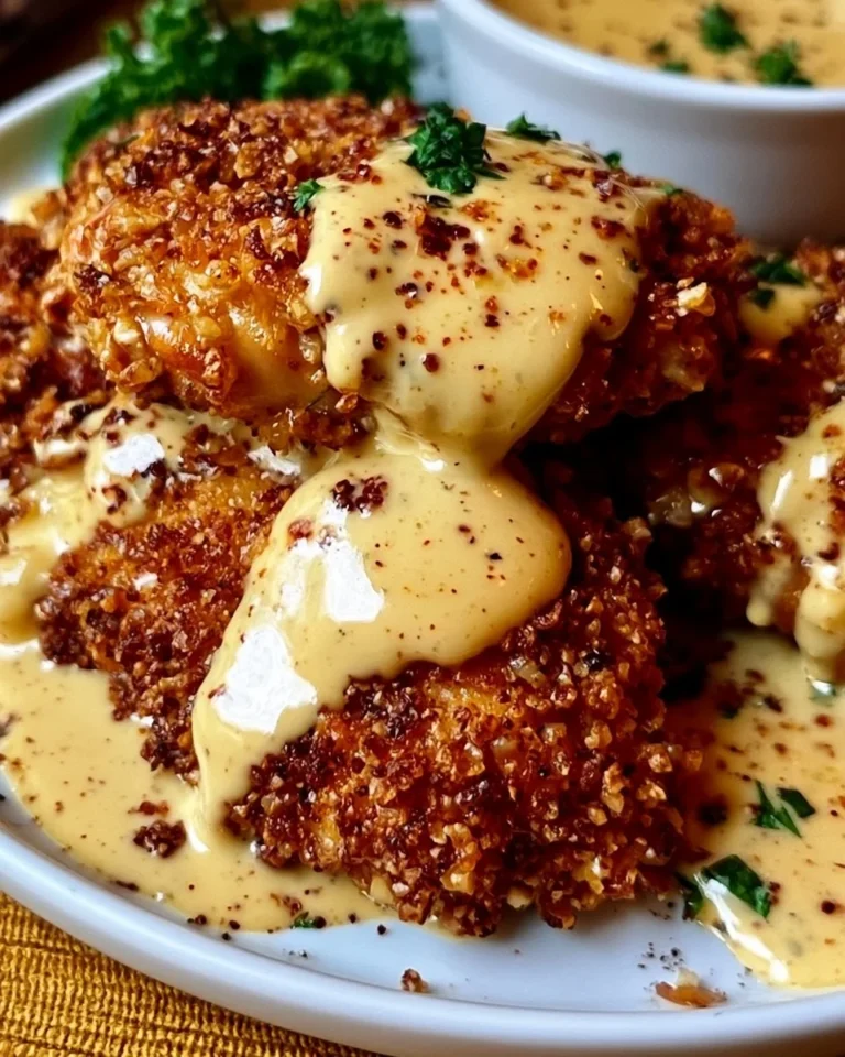 Pretzel Crusted Chicken topped with Mustard Cheddar Sauce on a plate