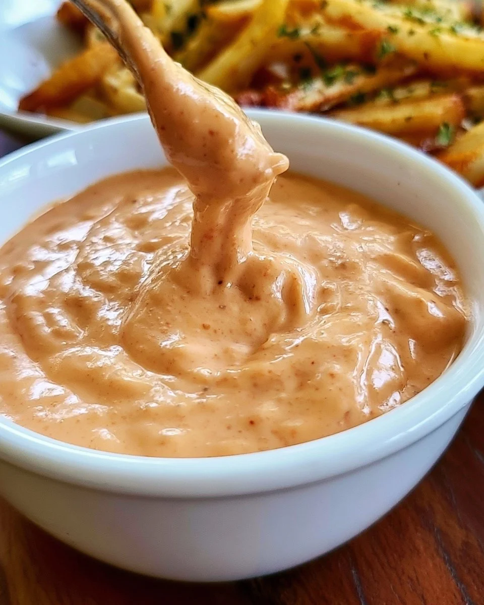 Delicious homemade secret fry sauce in a dipping cup next to fresh fries