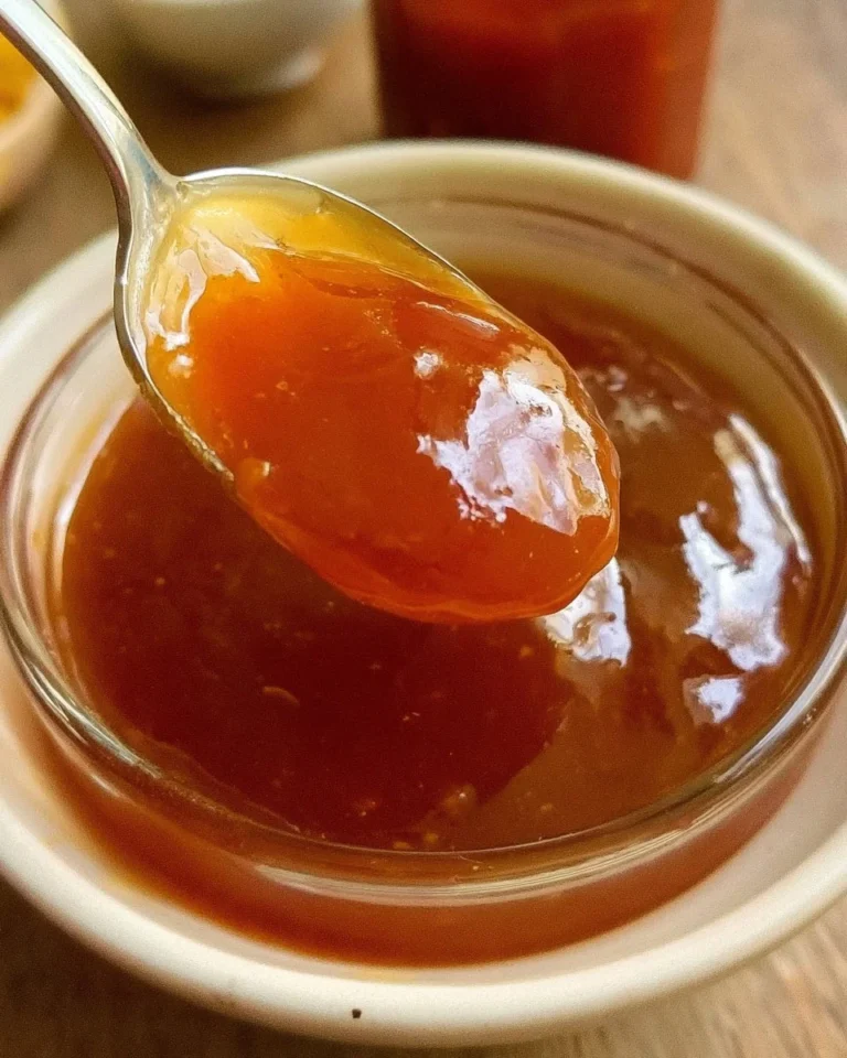Homemade sweet and sour sauce in a glass bowl with a spoon.