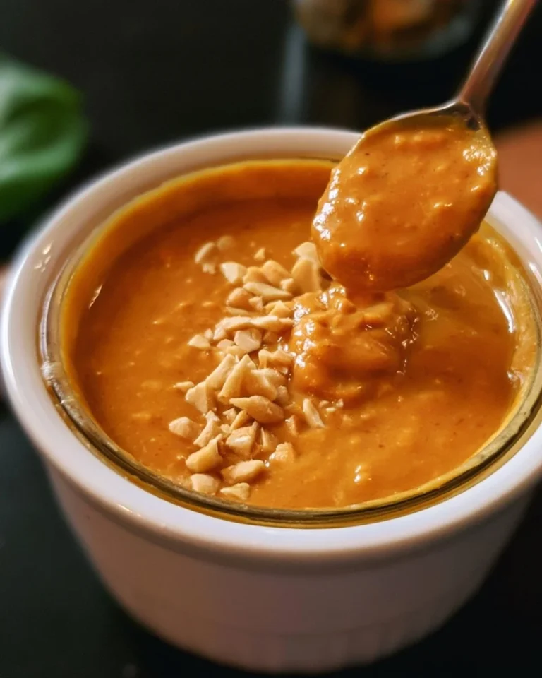 Homemade Vietnamese Peanut Sauce served in a bowl with fresh herbs.