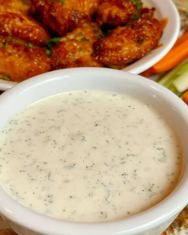 Delicious homemade Wingstop ranch dressing served with chicken wings.